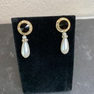 Pearl Black Crystal Gold Drop Vintage Costume Earrings Elegant Party For…